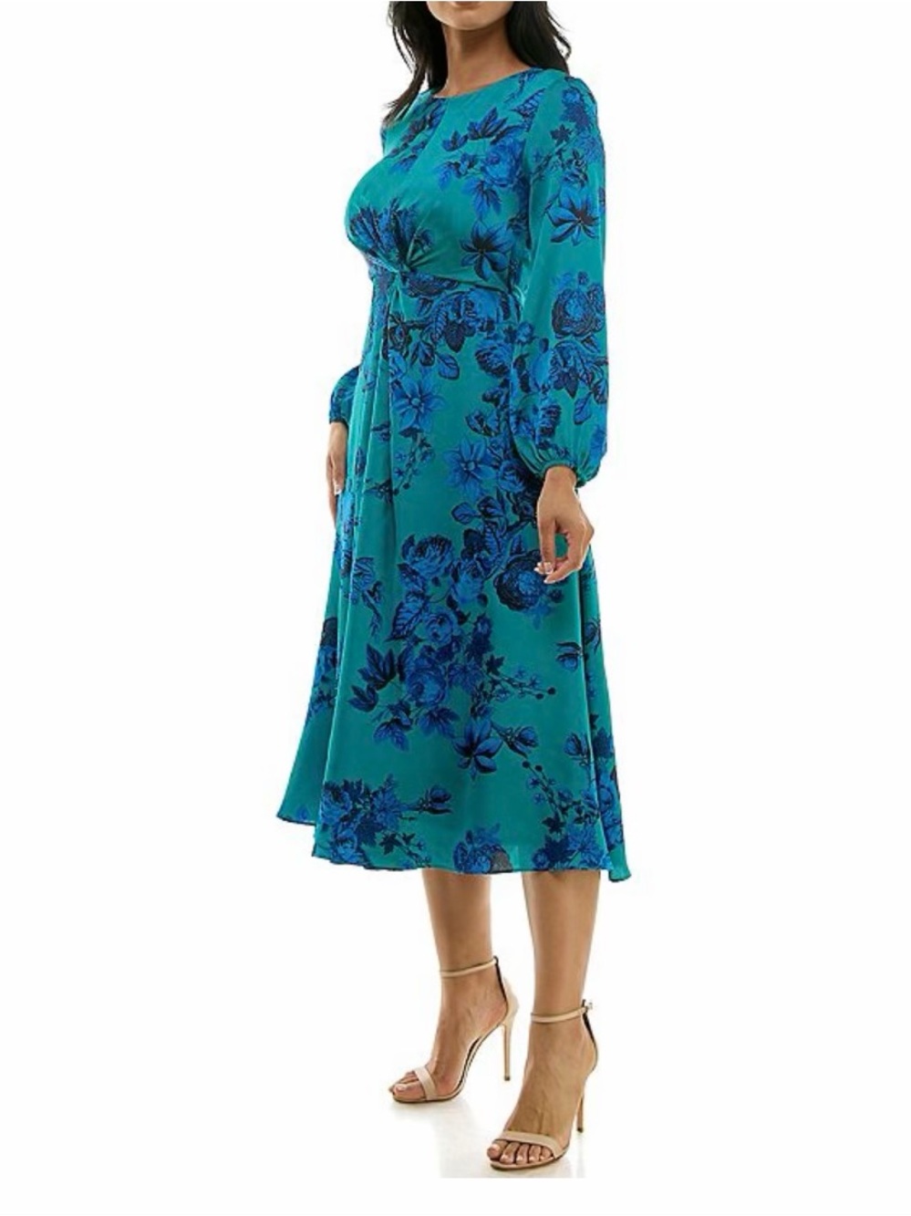 Teal Floral Knot Waist Fit & Flare Long Sleeve Midi Dress